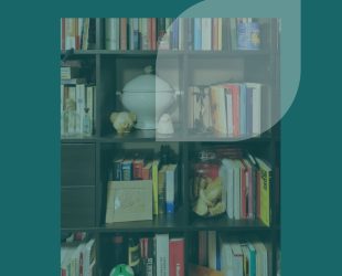 Copertina con uno sfondo verde scuro e l'immagine della mia libreria dove sono presenti molti libri, ma anche una zuppiera e un vaso contenente delle friselle, perché cibo e scrittura per me hanno molto in comune.